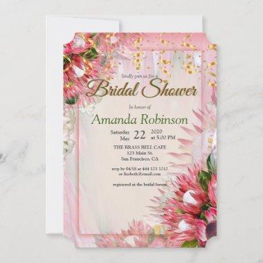 Gold ribbon & Fuchsia Protea flower Bridal Shower Invitations