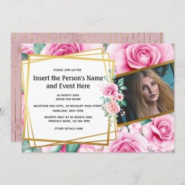 Gold rose geometric floral photo summer party Invitations