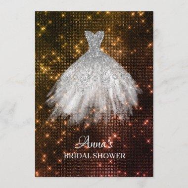 *~* Gold Rose Glitter Bridal Dress Gown Shower Invitations