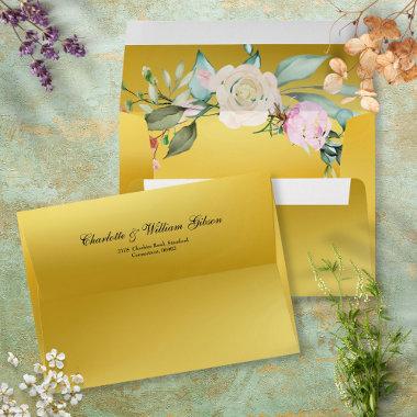 Gold Roses Floral Chic Script Name Return Address Envelope