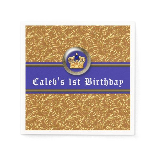 Gold & Royal Blue Crown Birthday Party Cusom Napkins