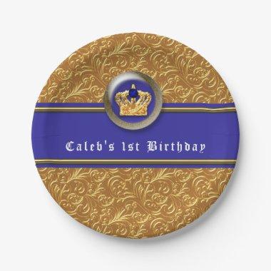 Gold & Royal Blue Crown Birthday Party Custom Paper Plates