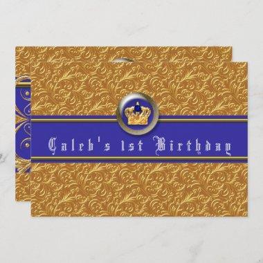Gold & Royal Blue Crown Birthday Party Invitations