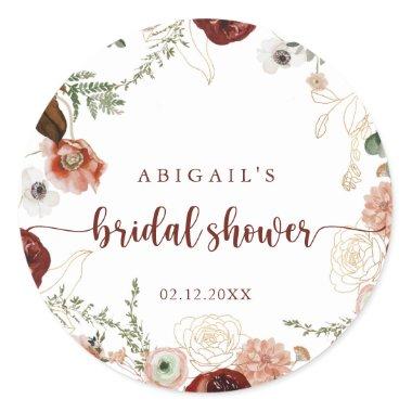 Gold Rustic Colorful Floral Bridal Shower Favor  Classic Round Sticker