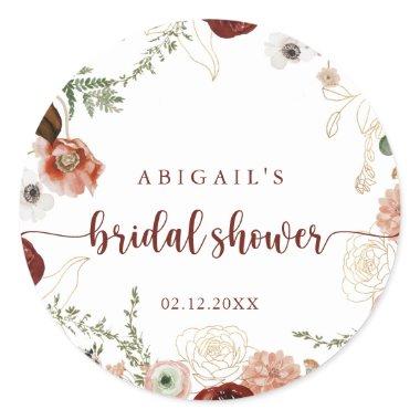 Gold Rustic Colorful Floral Bridal Shower Favor  Classic Round Sticker