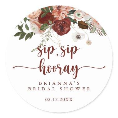 Gold Rustic Floral Sip Sip Hooray Bridal Shower  Classic Round Sticker