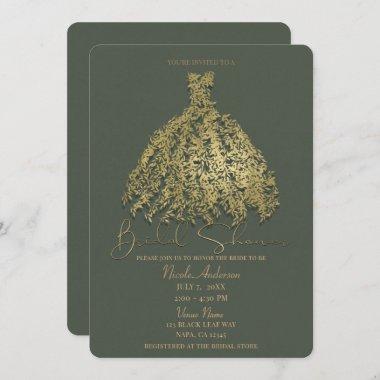 Gold & Rustic Green Botanical Dress Bridal Shower Invitations