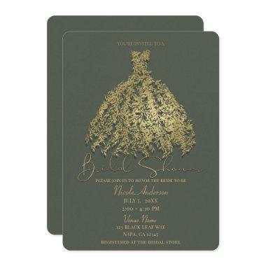 Gold & Rustic Green Botanical Dress Bridal Shower Invitations