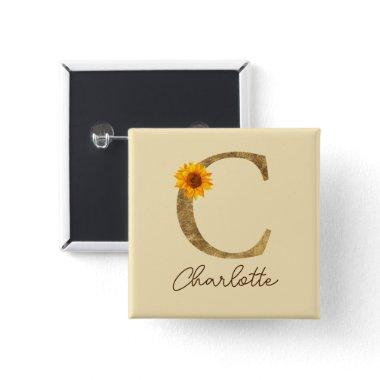 Gold Rustic Sunflower Letter C Monogram Initial Button