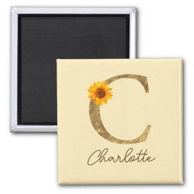 Gold Rustic Sunflower Letter C Monogram Initial Magnet