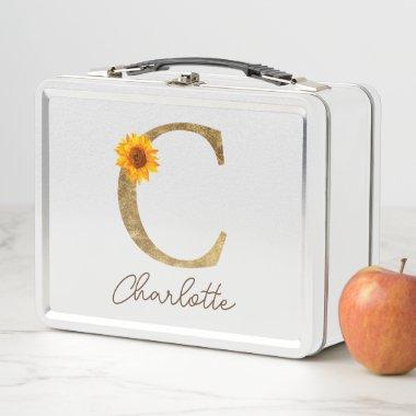 Gold Rustic Sunflower Letter C Monogram Initial Metal Lunch Box