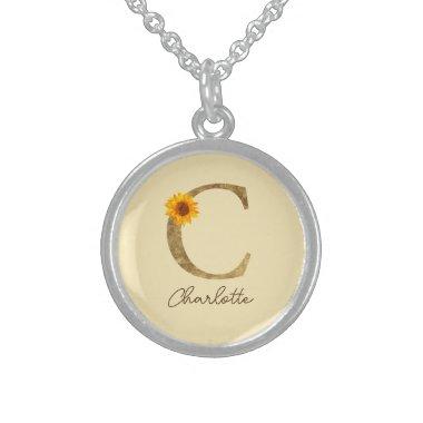 Gold Rustic Sunflower Letter C Monogram Initial Sterling Silver Necklace