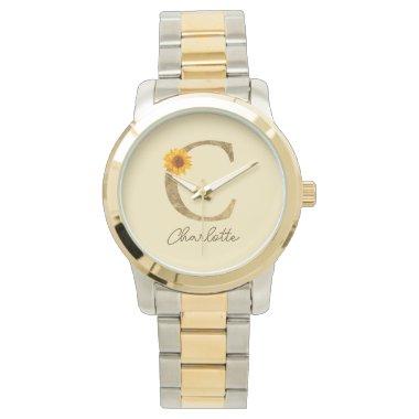Gold Rustic Sunflower Letter C Monogram Initial Watch
