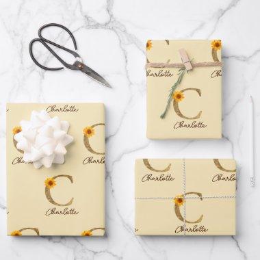 Gold Rustic Sunflower Letter C Monogram Initial Wrapping Paper Sheets