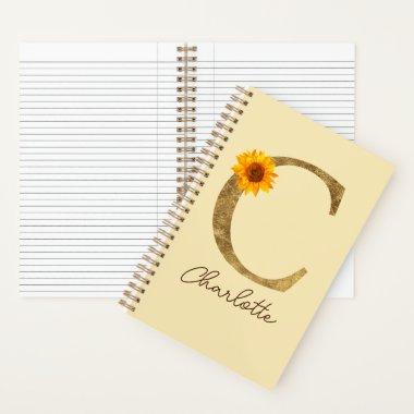 Gold Rustic Watercolor Sunflower Letter C Monogram Notebook