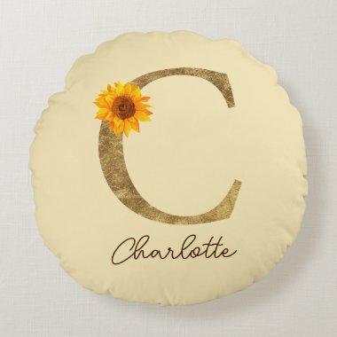 Gold Rustic Watercolor Sunflower Letter C Monogram Round Pillow