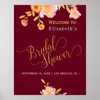 Gold script bridal shower fall floral welcome sign