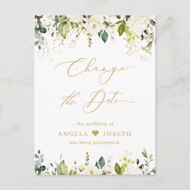 Gold Script Change the Date Greenery White Roses PostInvitations