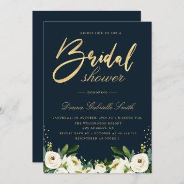 gold script ivory white floral navy bridal shower Invitations