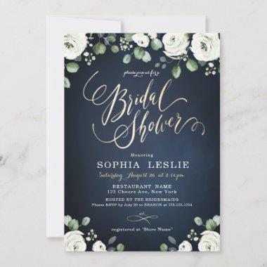 Gold script navy blue white floral Bridal Shower Invitations