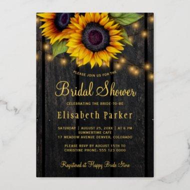 Gold script sunflowers country wood bridal shower foil Invitations