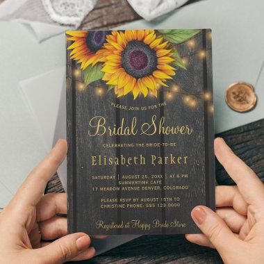 Gold script sunflowers country wood bridal shower Invitations