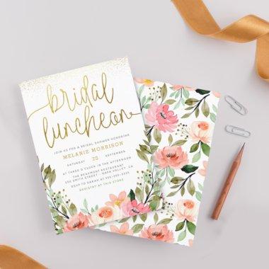 Gold Script Watercolor Floral Bridal Luncheon Invitations