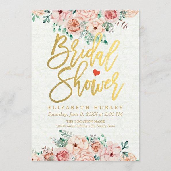 Gold Script Watercolor Floral Bridal Shower Invite