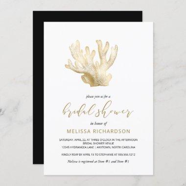 Gold Sea Coral Black White Beach Bridal Shower Invitations
