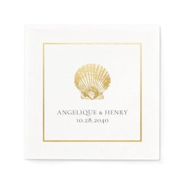 Gold Seashell Custom Names Beach Wedding Napkins