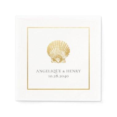 Gold Seashell Custom Names Beach Wedding Napkins