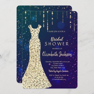 Gold Sequins Dress Blue Bridal Shower Invitations