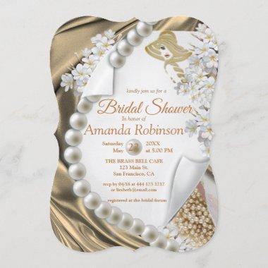 Gold Silk & Ivory Pearls Bridal Shower Invitations