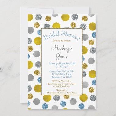 Gold Silver Blue Dots Bridal Shower Invitations