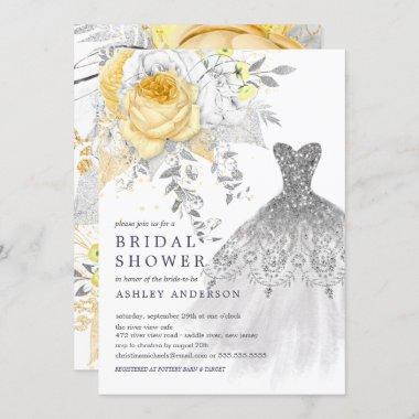 Gold & Silver Floral Wedding Dress Bridal Shower Invitations
