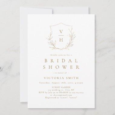Gold simple botanical crest monogram bridal shower Invitations