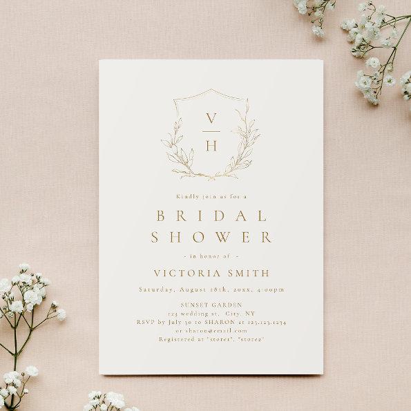 Gold simple botanical crest monogram bridal shower Invitations