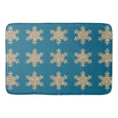 Gold Snowflake Patterns Rustic Ocean Blue Glittery Bath Mat