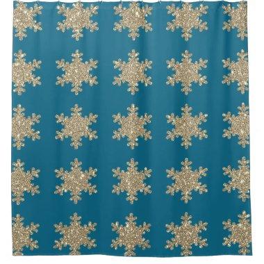 Gold Snowflake Patterns Rustic Ocean Blue Glittery Shower Curtain