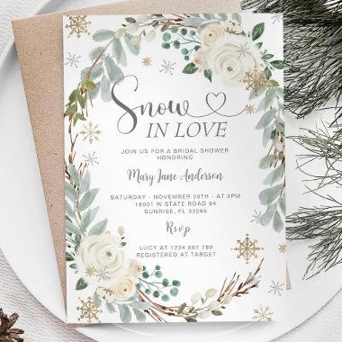 Gold Snowflakes Rustic Snow in love Bridal Shower Invitations