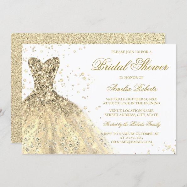 Gold Sparkle Glitter Dress Bridal Shower Invitations