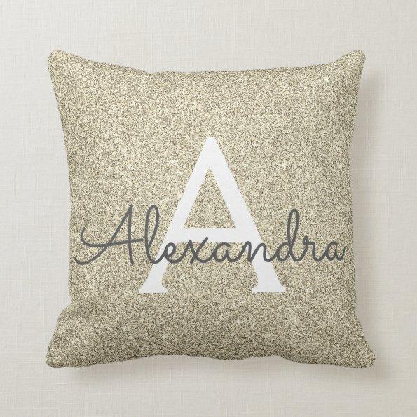 Gold Sparkle Glitter Monogram Name & Initial Throw Pillow