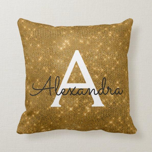 Gold Sparkle Shimmer Monogram Name & Initial Throw Pillow