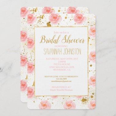 Gold Splatters Pink Roses Watercolor Bridal Shower Invitations