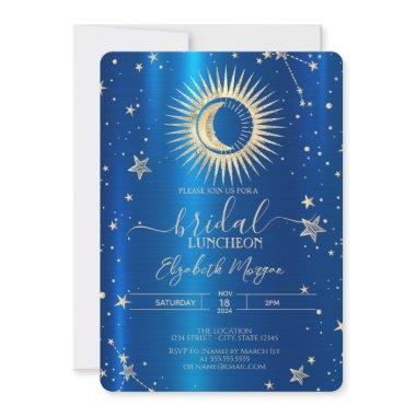 Gold Sun And Moon Stars Blue Metallic Luncheon Invitations