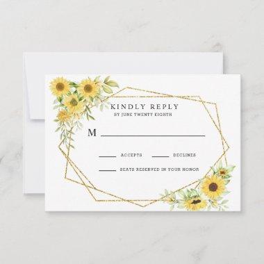 Gold Sunflower Geometric Rustic Elegant Wedding RSVP Card