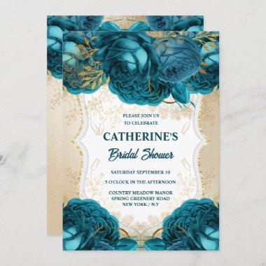 Gold teal blue rose watercolor bridal shower chic Invitations