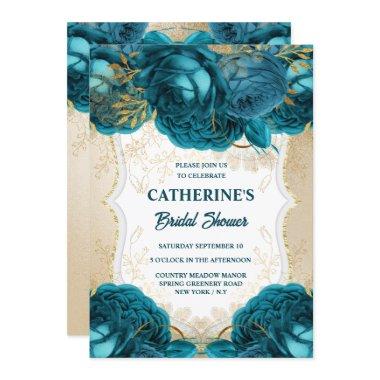 Gold teal blue rose watercolor  chic