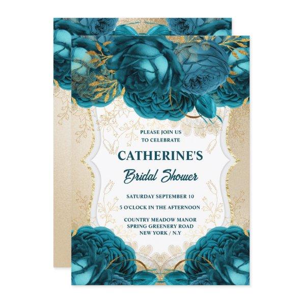 Gold teal blue rose watercolor  chic