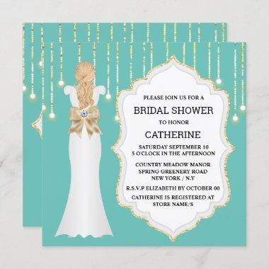 Gold teal glitter bride dress elegant shimmer chic Invitations